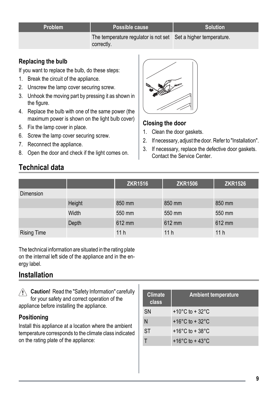 Technical data, Installation | Electrolux ZKR1516 User Manual | Page 9 / 16