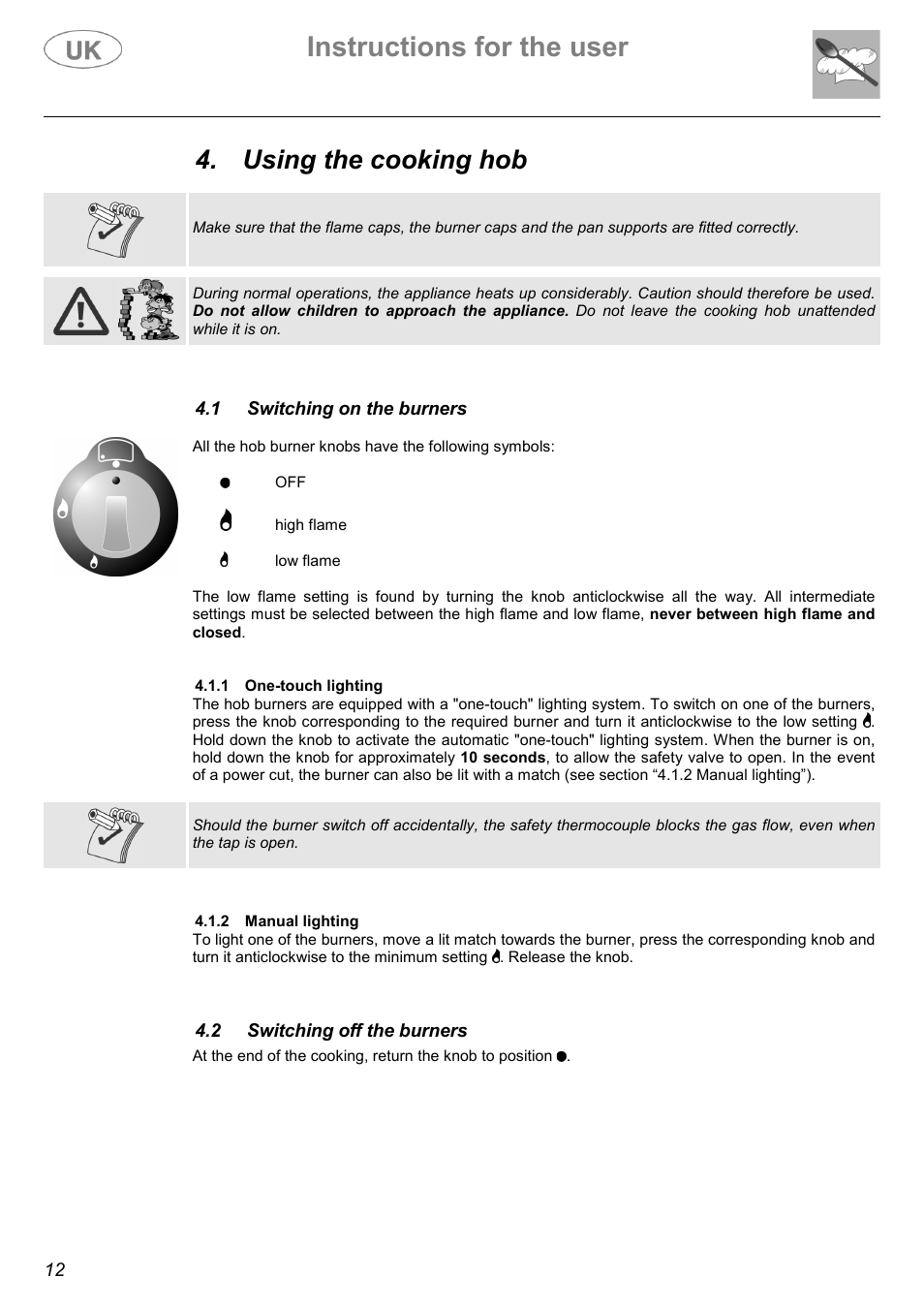 Instructions for the user, Using the cooking hob | Electrolux C41029G User Manual | Page 12 / 32