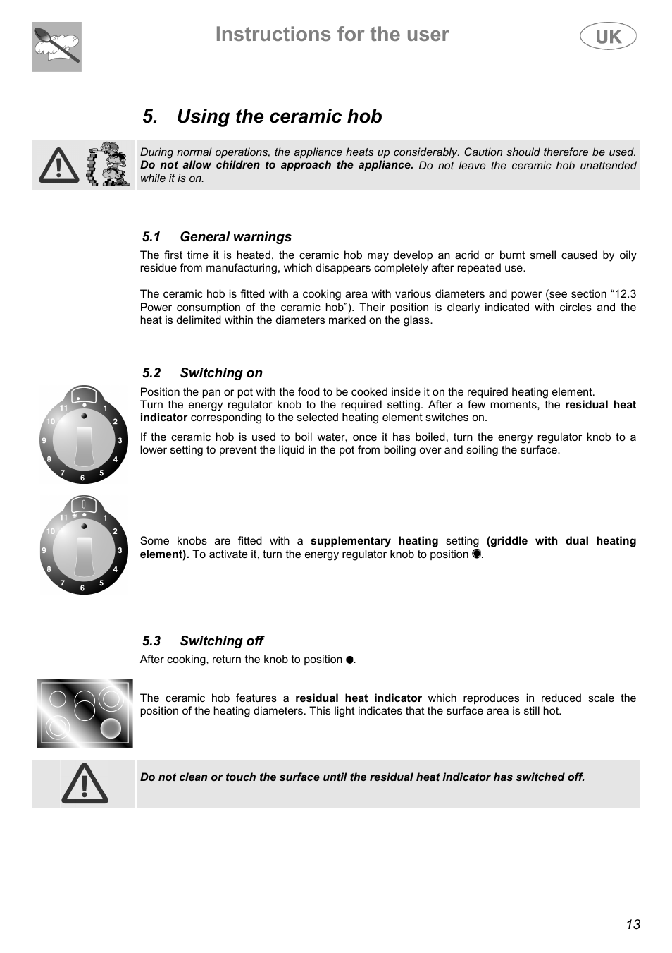 Instructions for the user, Using the ceramic hob | Electrolux C41029G User Manual | Page 13 / 32