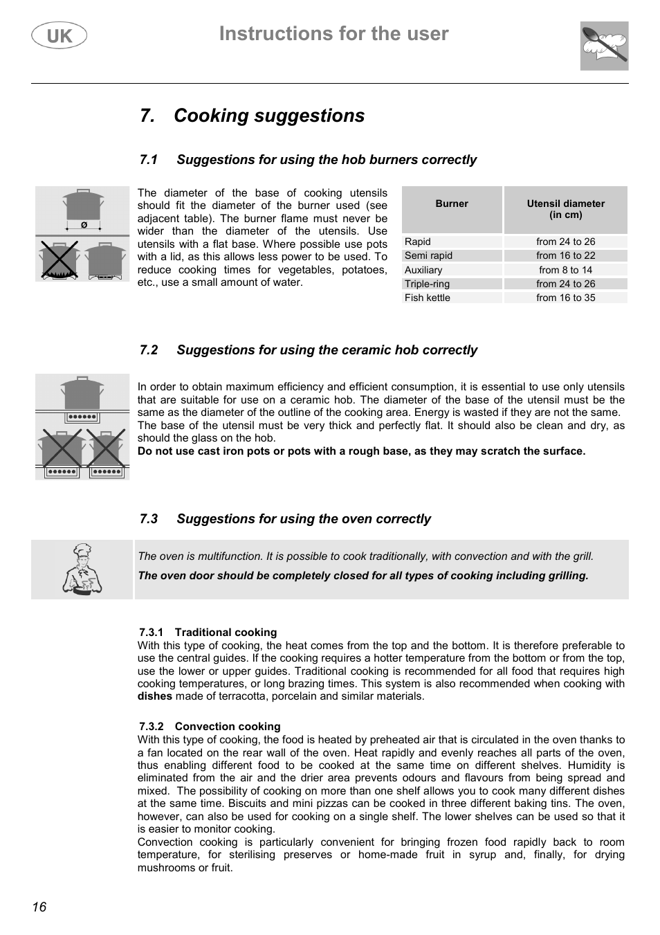 Instructions for the user, Cooking suggestions | Electrolux C41029G User Manual | Page 16 / 32