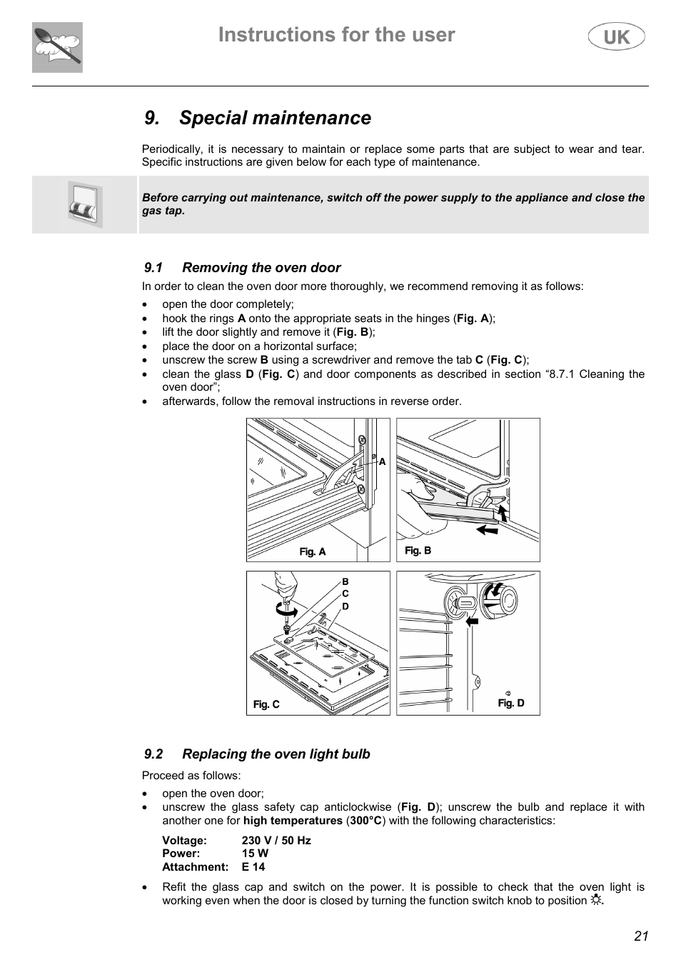 Instructions for the user, Special maintenance | Electrolux C41029G User Manual | Page 21 / 32