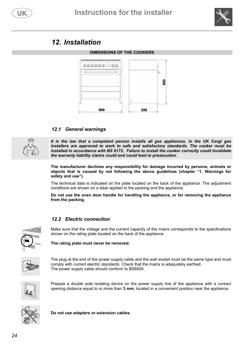 Instructions for the installer, Installation | Electrolux C41029G User Manual | Page 24 / 32