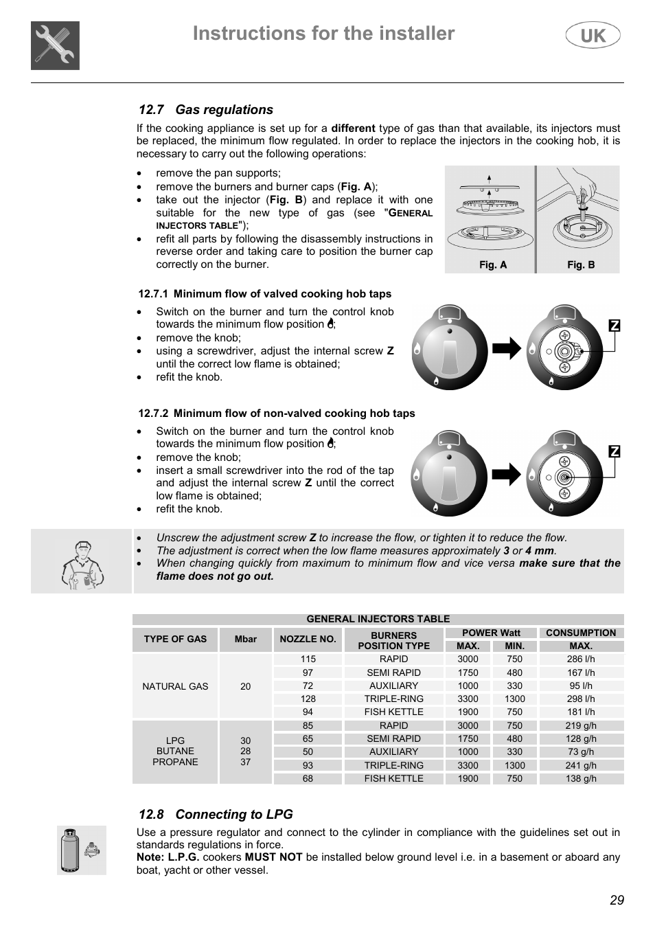 Instructions for the installer, 8 connecting to lpg | Electrolux C41029G User Manual | Page 29 / 32