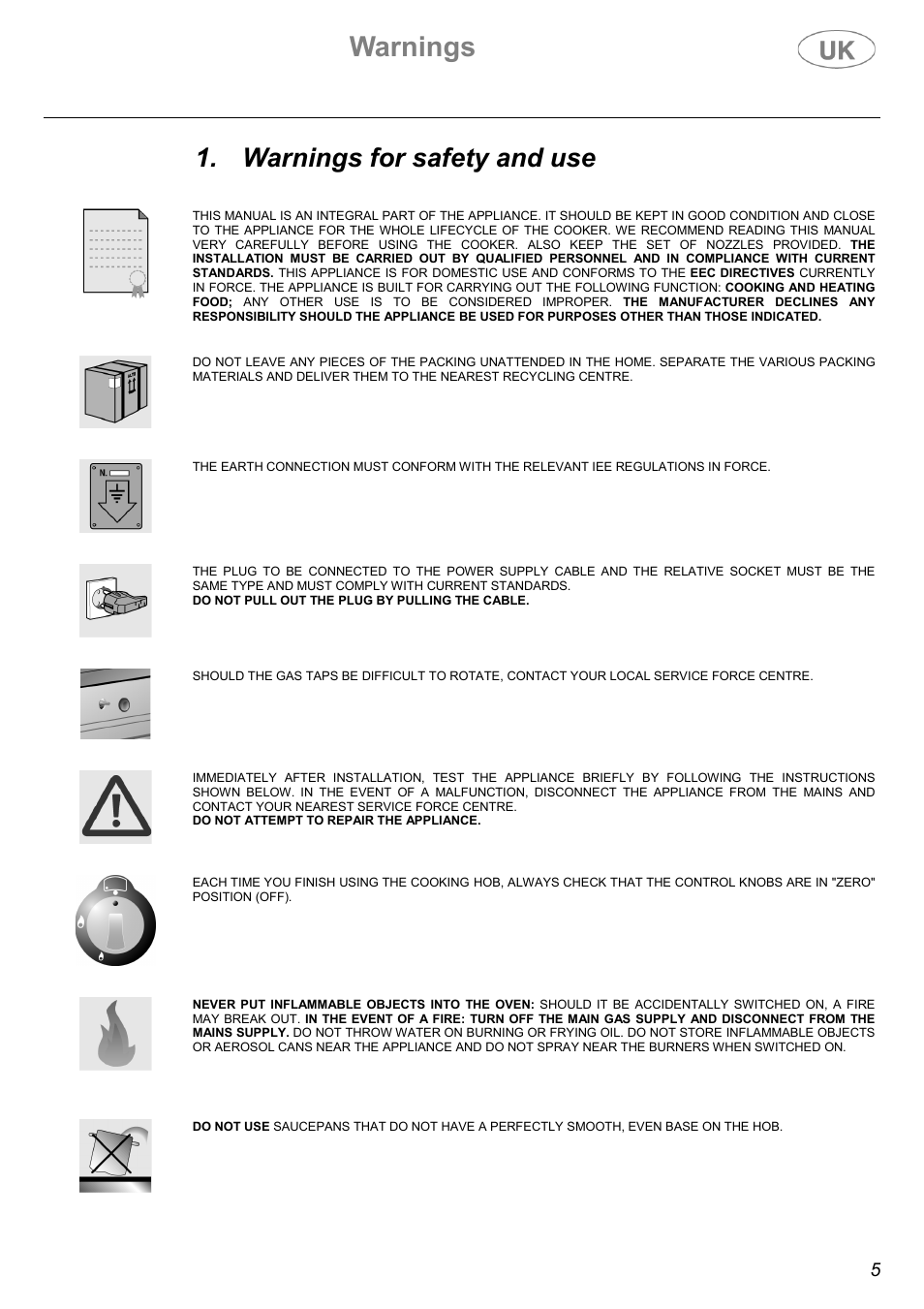 Warnings, Warnings for safety and use | Electrolux C41029G User Manual | Page 5 / 32