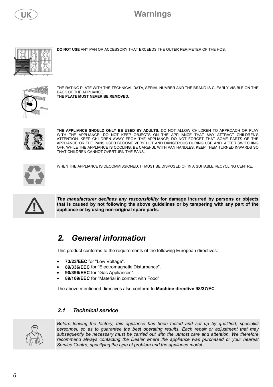 Warnings, General information | Electrolux C41029G User Manual | Page 6 / 32