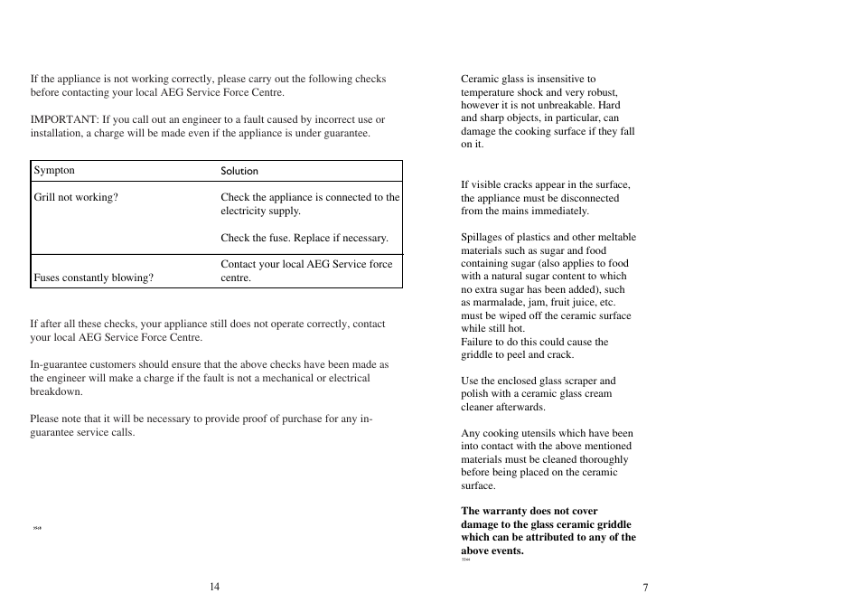Hints on the ceramic glass griddle, Something not working | Electrolux 231 GR User Manual | Page 7 / 10