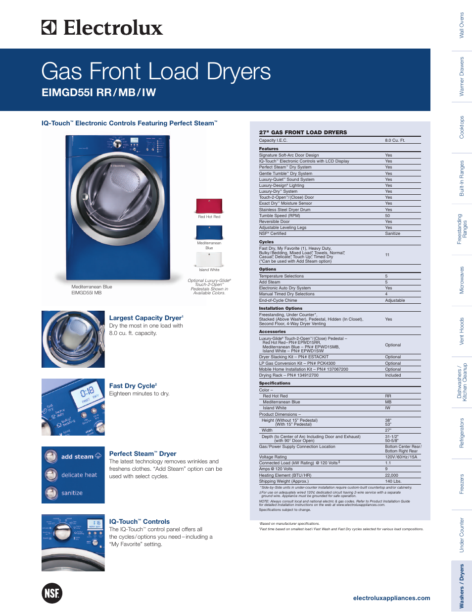 Electrolux GAS FRONT LOAD DRYERS EIMGD55I RR/MB/IW User Manual | 2 pages