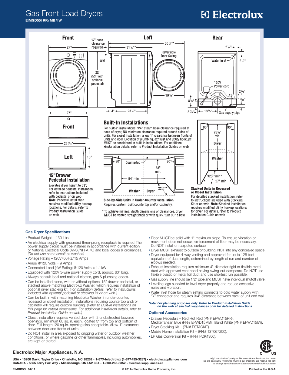 Gas front load dryers, Electrolux major appliances, n.a | Electrolux GAS FRONT LOAD DRYERS EIMGD55I RR/MB/IW User Manual | Page 2 / 2