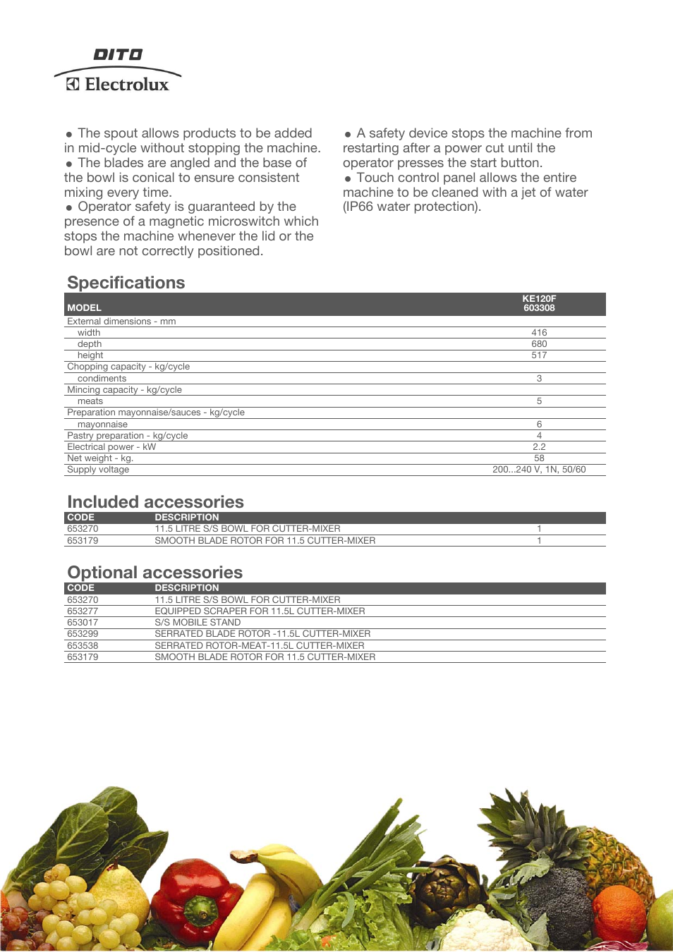 Specifications, Included accessories, Optional accessories | Electrolux Dito KE120 User Manual | Page 2 / 4