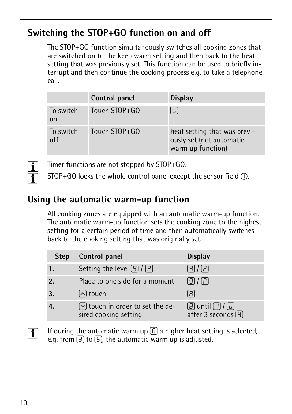 Switching the stop+go function on and off, Using the automatic warm-up function | Electrolux 67670KF-N User Manual | Page 10 / 36