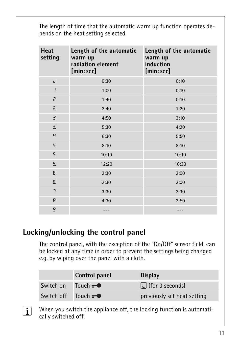 Locking/unlocking the control panel | Electrolux 67670KF-N User Manual | Page 11 / 36