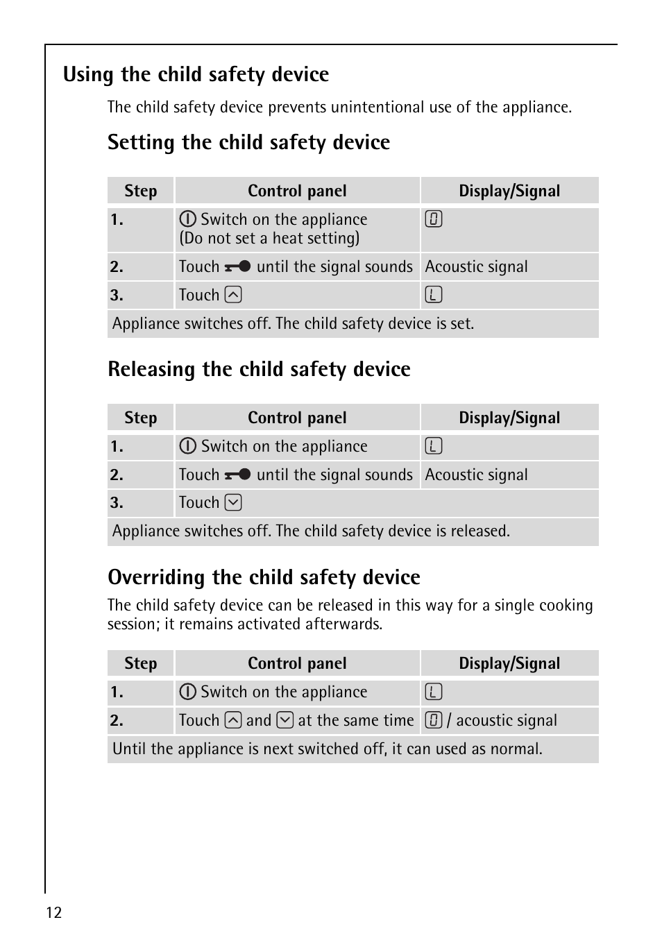 Using the child safety device, Setting the child safety device, Releasing the child safety device | Overriding the child safety device | Electrolux 67670KF-N User Manual | Page 12 / 36