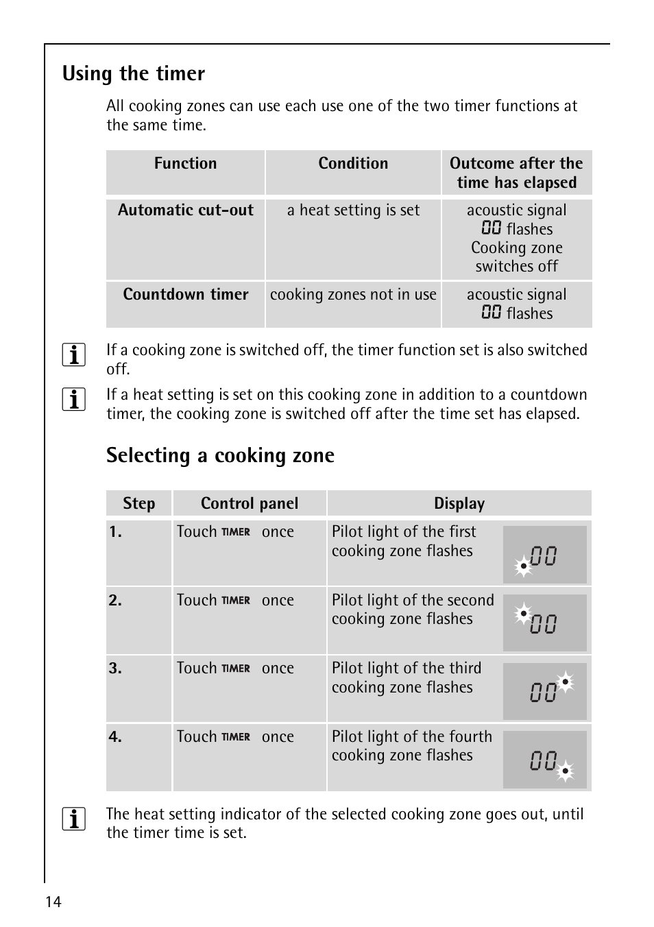 Using the timer, Selecting a cooking zone | Electrolux 67670KF-N User Manual | Page 14 / 36