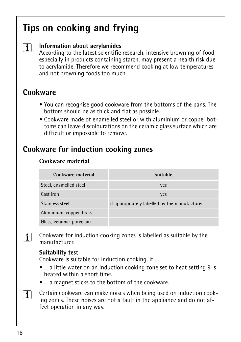 Tips on cooking and frying 3, Cookware, Cookware for induction cooking zones | Electrolux 67670KF-N User Manual | Page 18 / 36