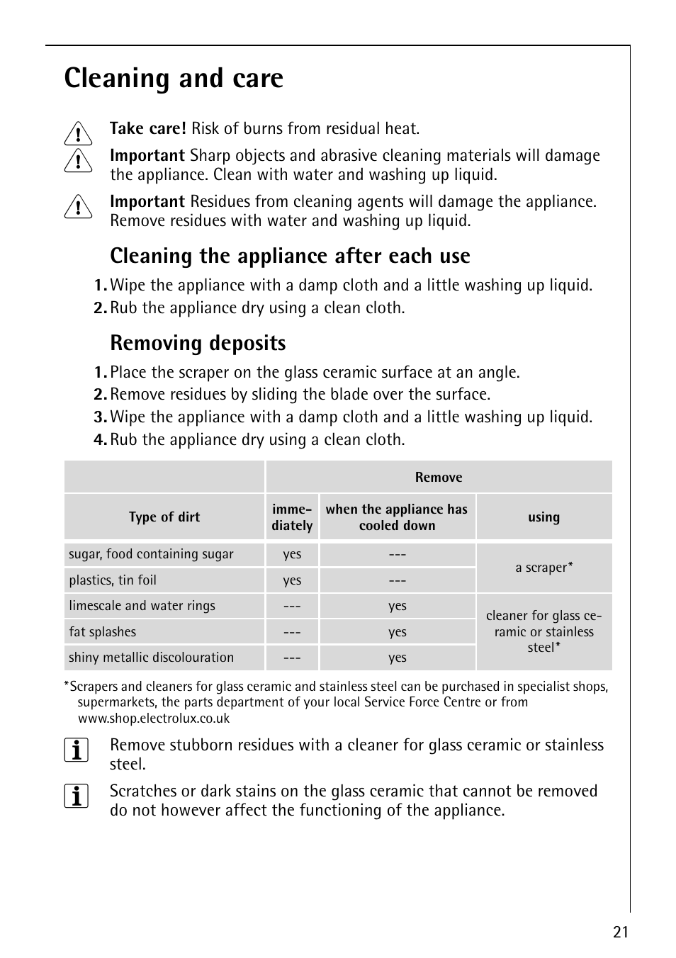 Cleaning and care 1, Cleaning the appliance after each use, Removing deposits | Electrolux 67670KF-N User Manual | Page 21 / 36