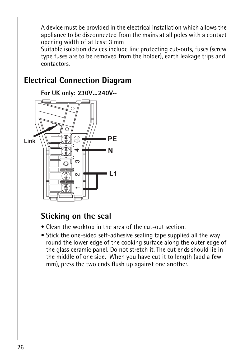 Electrical connection diagram, Sticking on the seal | Electrolux 67670KF-N User Manual | Page 26 / 36