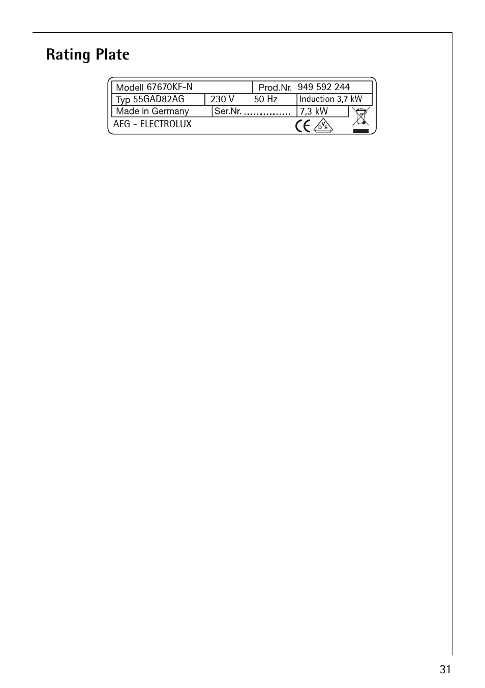 Rating plate | Electrolux 67670KF-N User Manual | Page 31 / 36