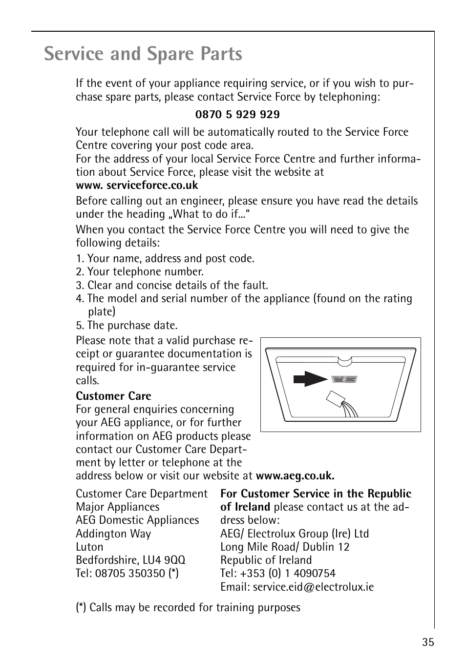 Service and spare parts | Electrolux 67670KF-N User Manual | Page 35 / 36