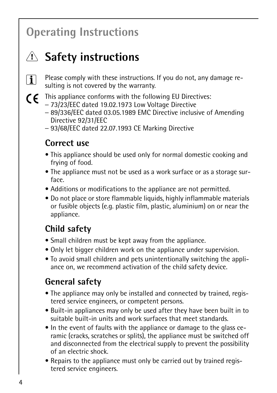 Operating instructions 1 safety instructions 3, Correct use, Child safety | General safety | Electrolux 67670KF-N User Manual | Page 4 / 36