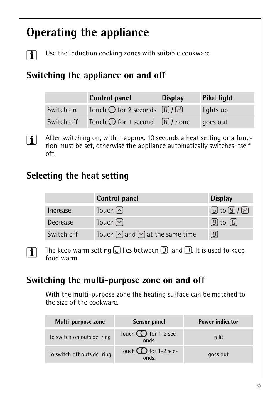 Operating the appliance 3, Switching the appliance on and off, Selecting the heat setting | Switching the multi-purpose zone on and off | Electrolux 67670KF-N User Manual | Page 9 / 36