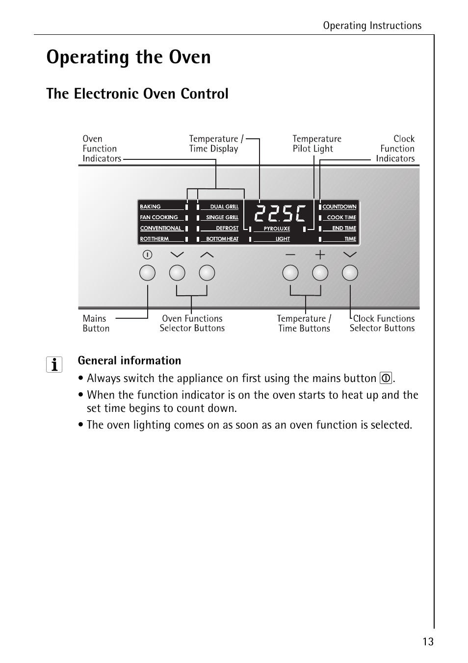 Operating the oven, The electronic oven control | Electrolux B6140-1 User Manual | Page 13 / 76