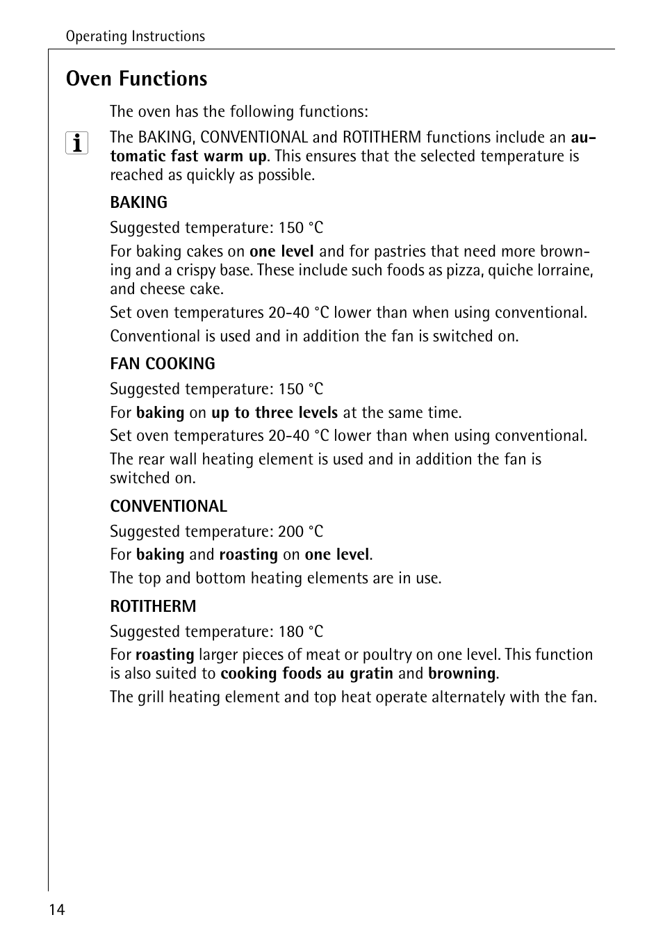 Oven functions | Electrolux B6140-1 User Manual | Page 14 / 76