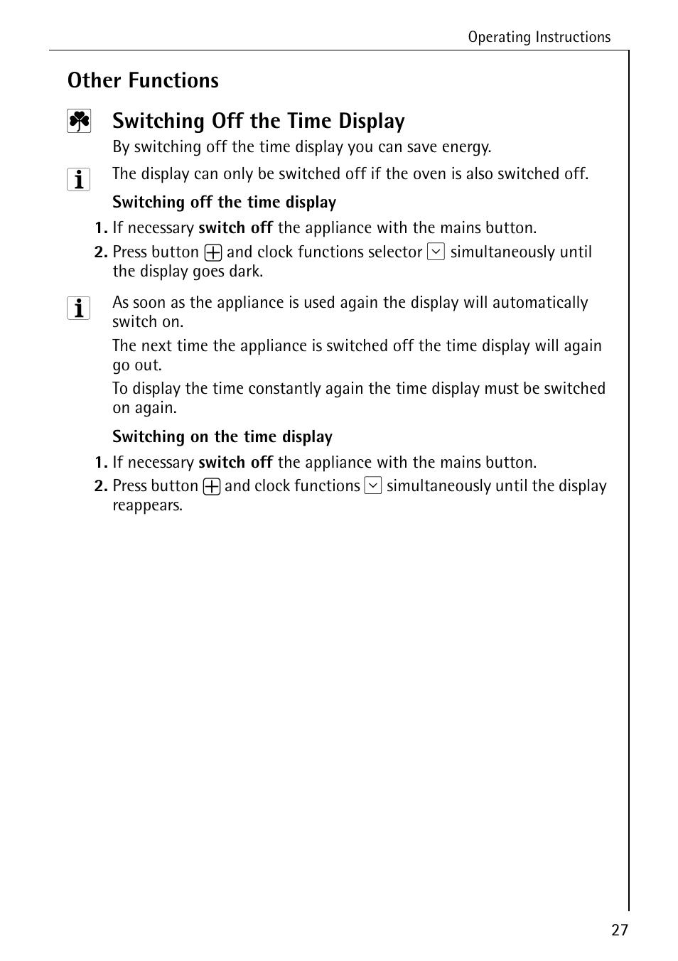 Other functions, Switching off the time display | Electrolux B6140-1 User Manual | Page 27 / 76