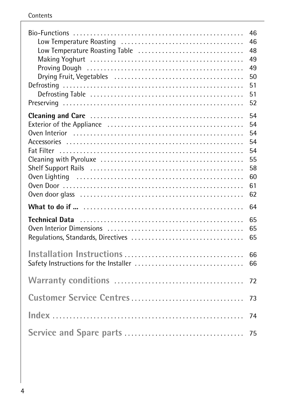 Installation instructions, Warranty conditions, Customer service centres | Index, Service and spare parts | Electrolux B6140-1 User Manual | Page 4 / 76