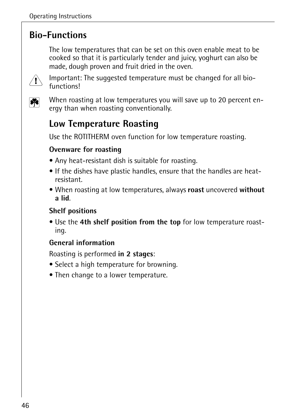 Bio-functions, Low temperature roasting | Electrolux B6140-1 User Manual | Page 46 / 76
