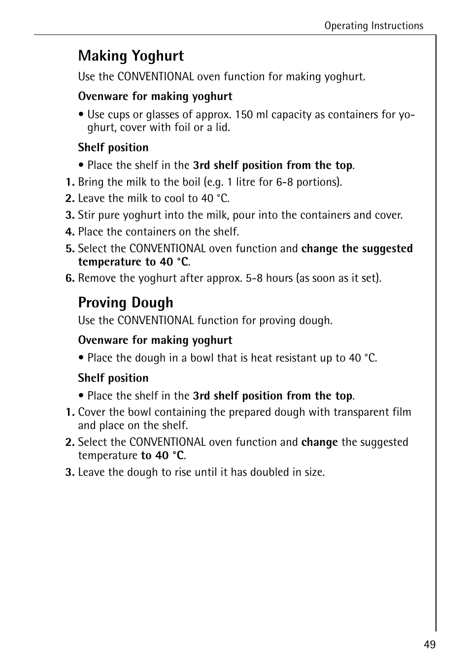 Making yoghurt, Proving dough | Electrolux B6140-1 User Manual | Page 49 / 76