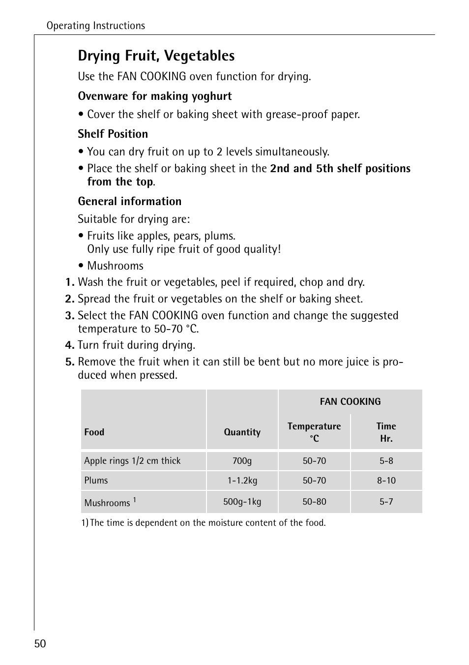 Drying fruit, vegetables | Electrolux B6140-1 User Manual | Page 50 / 76