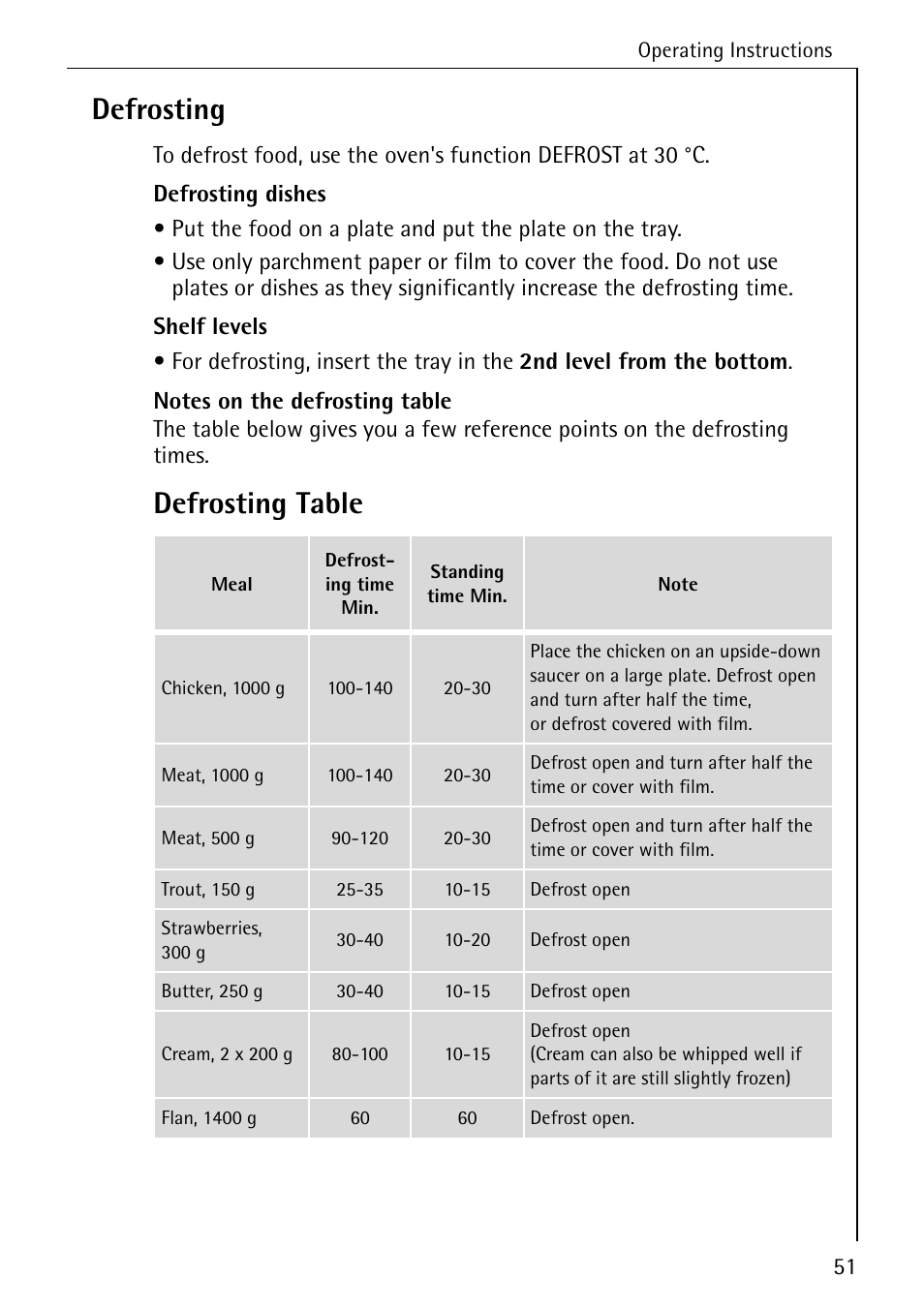 Defrosting, Defrosting table | Electrolux B6140-1 User Manual | Page 51 / 76