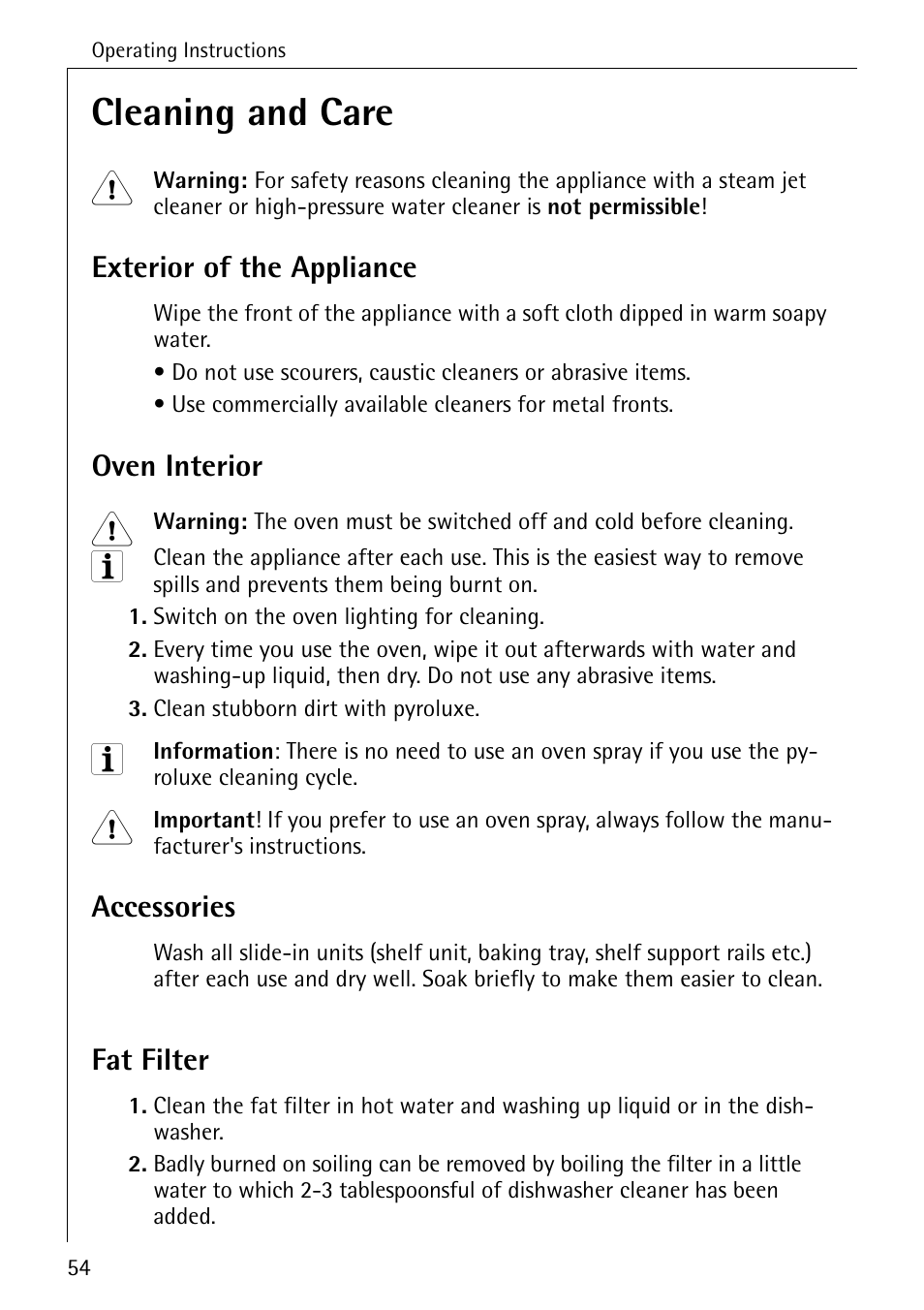 Cleaning and care, Exterior of the appliance, Oven interior | Accessories, Fat filter | Electrolux B6140-1 User Manual | Page 54 / 76