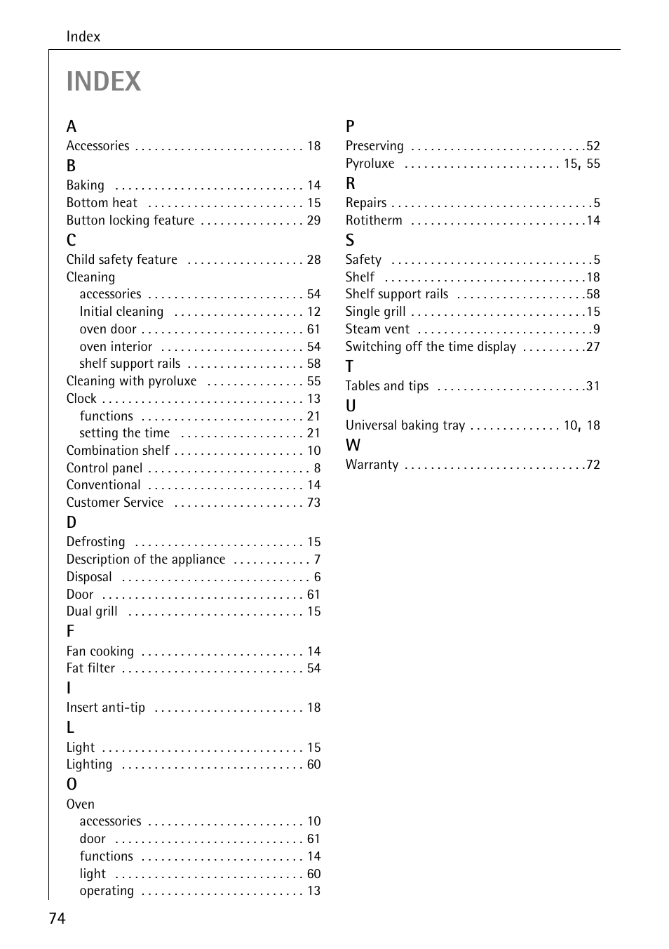 Index | Electrolux B6140-1 User Manual | Page 74 / 76