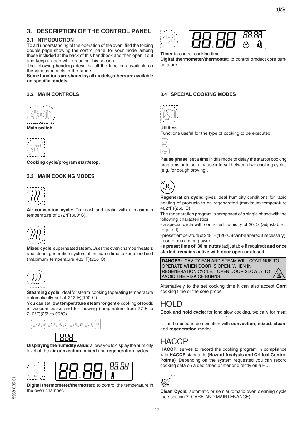 Hold, Haccp, Description of the control panel | Electrolux Air-O-Steam 267085 User Manual | Page 17 / 30