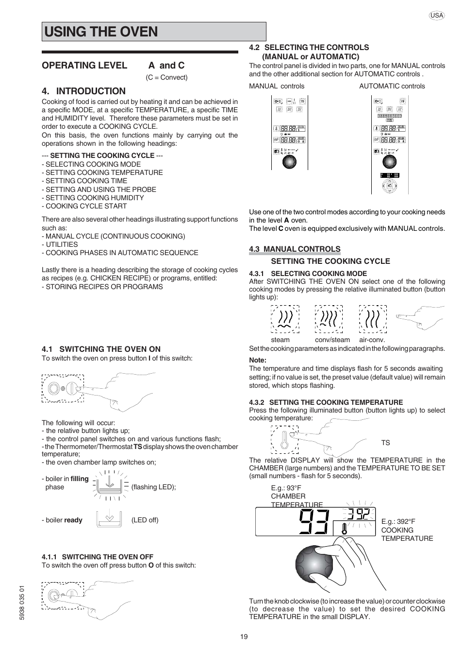 Using the oven, Operating level a and c, Introduction | Electrolux Air-O-Steam 267085 User Manual | Page 19 / 30
