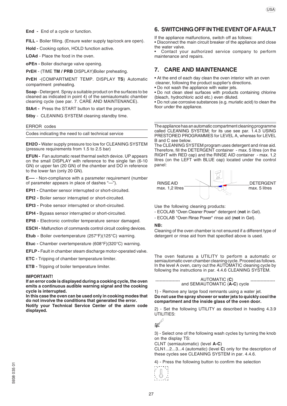Switching off in the event of a fault, Care and maintenance | Electrolux Air-O-Steam 267085 User Manual | Page 27 / 30