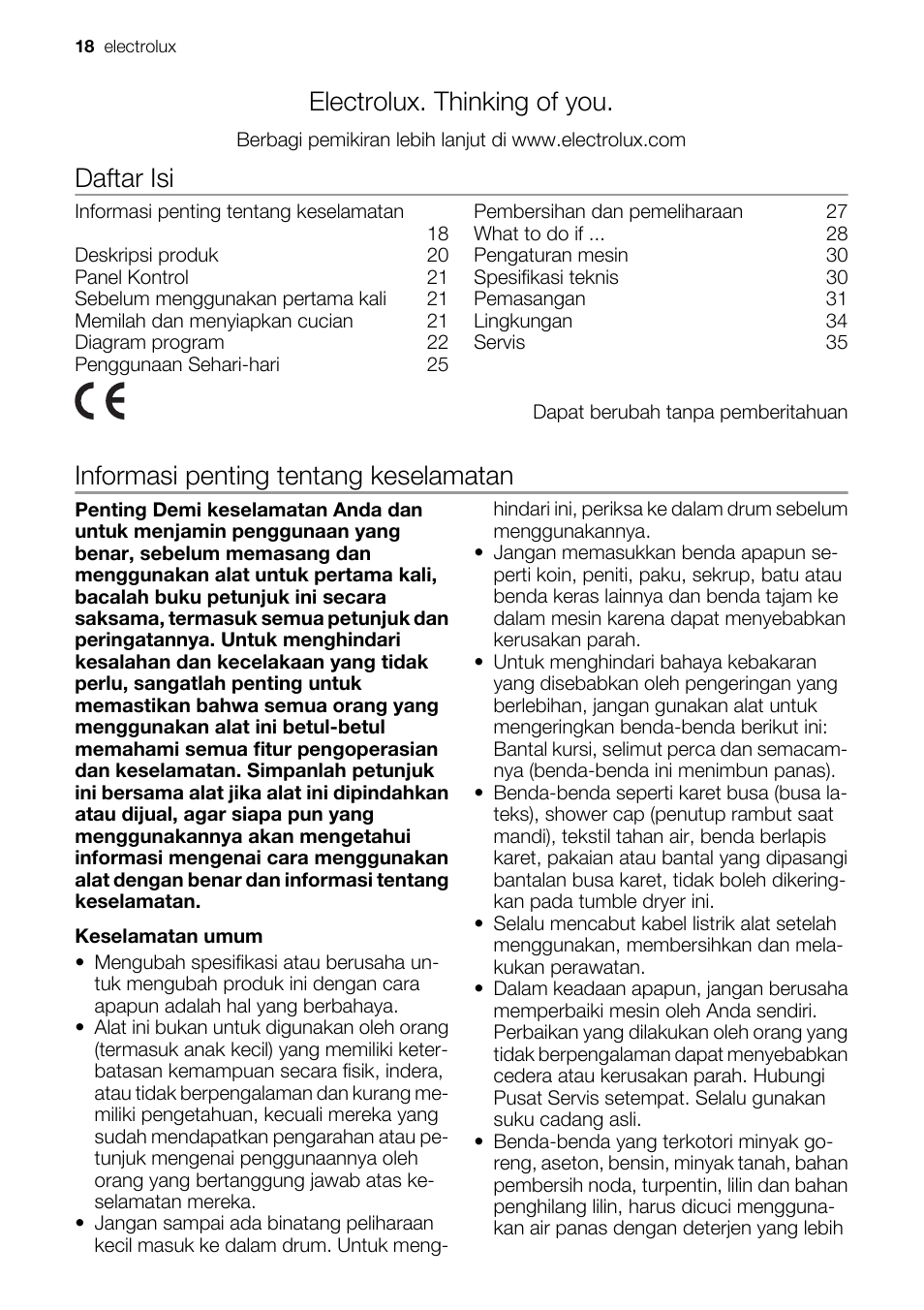 Electrolux. thinking of you, Daftar isi, Informasi penting tentang keselamatan | Electrolux EDE 77550W User Manual | Page 18 / 36