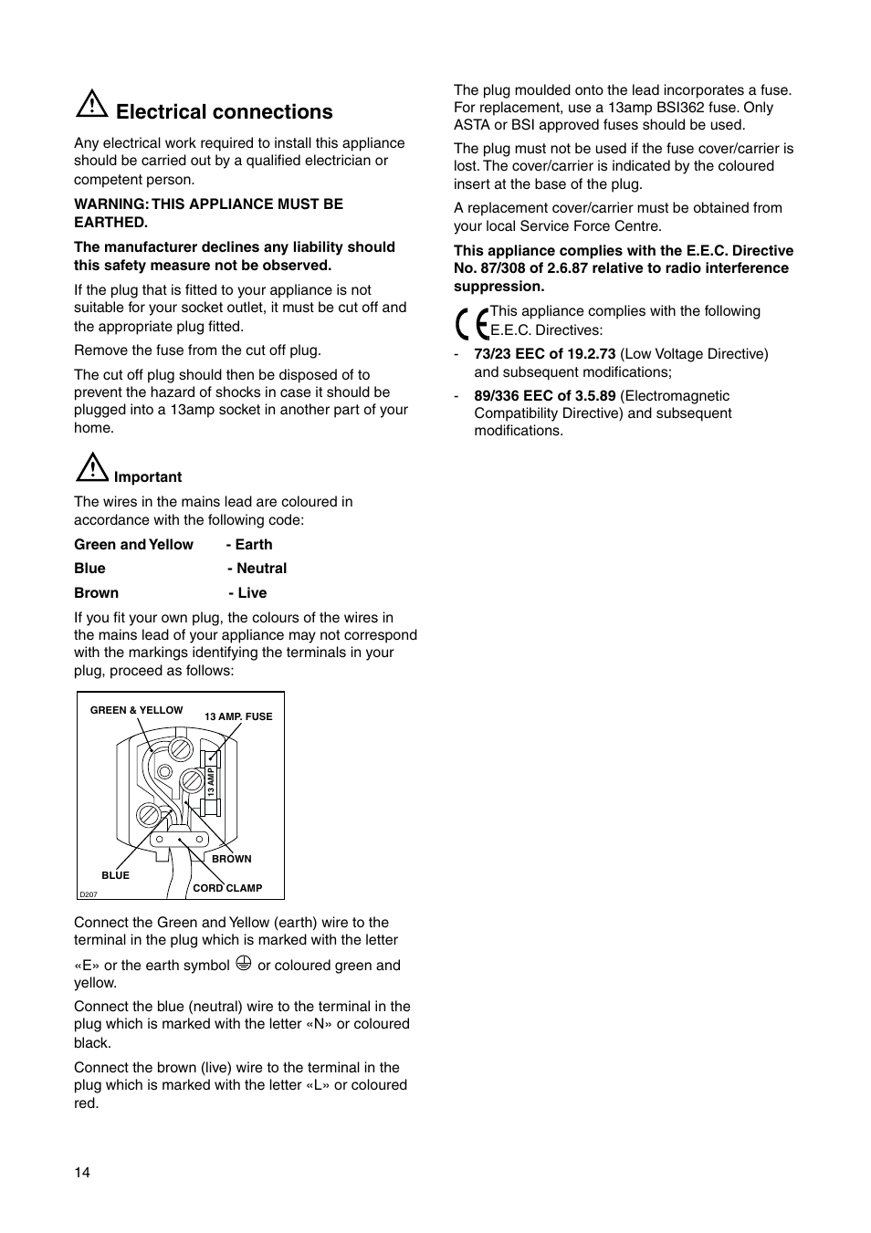 Electrical connections | Electrolux 2223 429-31 User Manual | Page 14 / 20