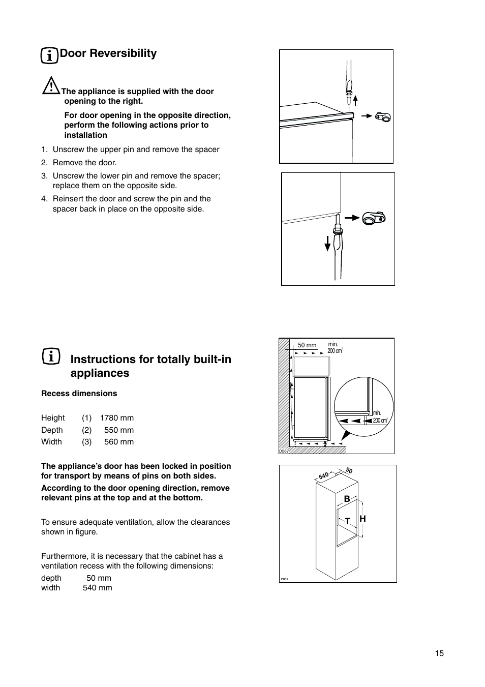 Instructions for totally built-in appliances, Door reversibility | Electrolux 2223 429-31 User Manual | Page 15 / 20