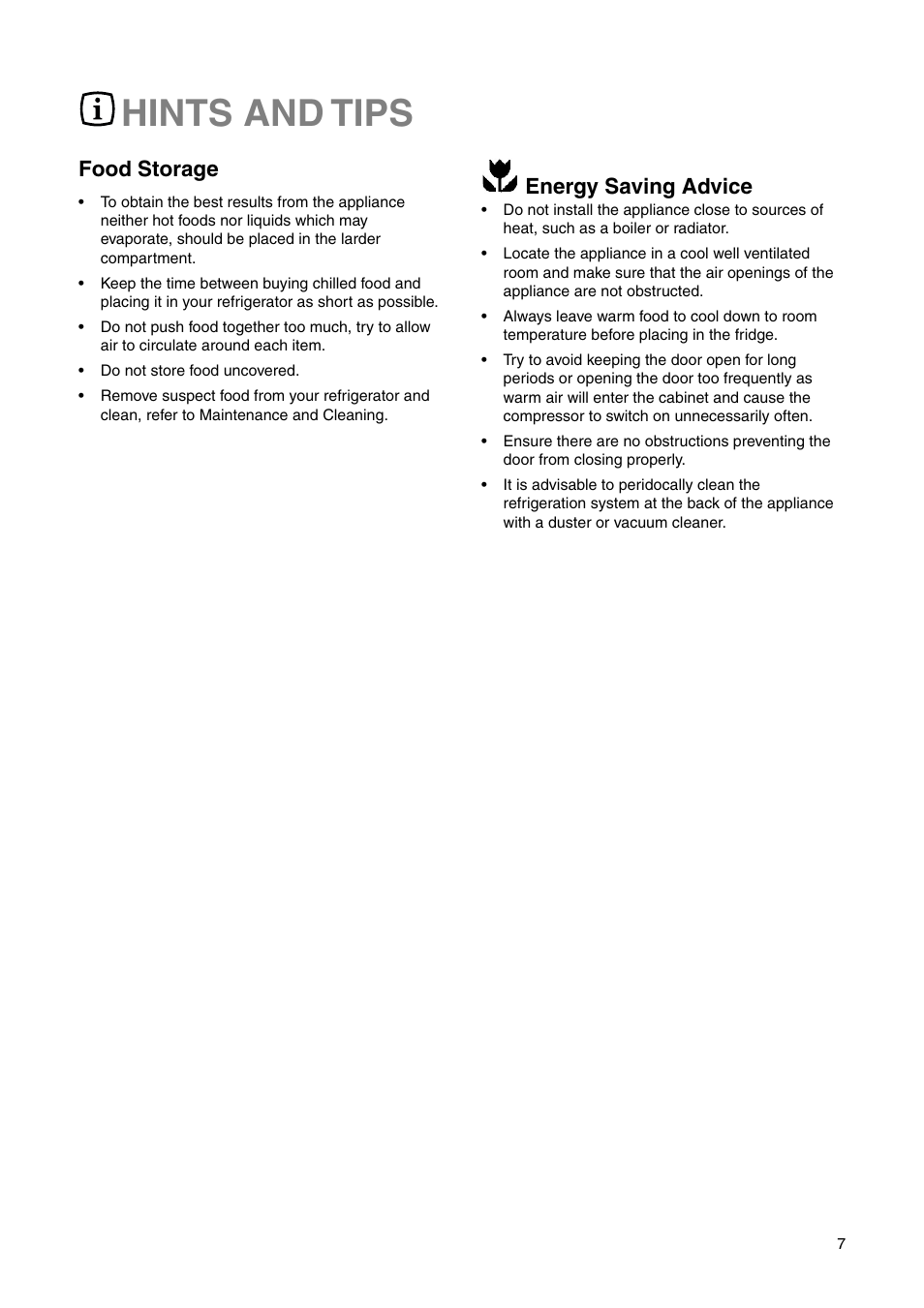 Hints and tips, Food storage, Energy saving advice | Electrolux 2223 429-31 User Manual | Page 7 / 20