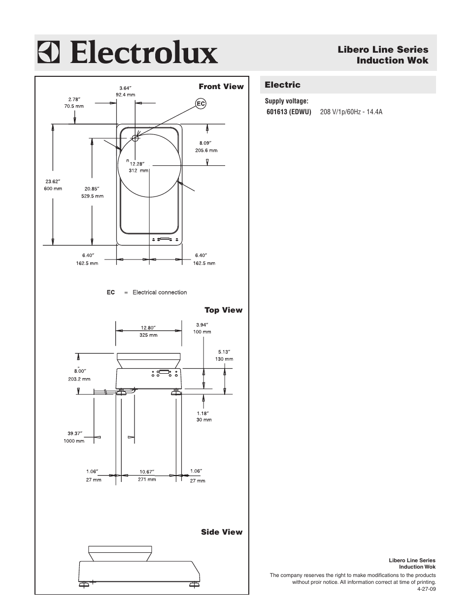 Libero line series induction wok, Electric | Electrolux Libero Line 601613 User Manual | Page 2 / 2