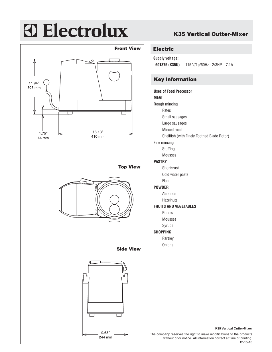 K35 vertical cutter-mixer | Electrolux Dito 601375 User Manual | Page 2 / 2