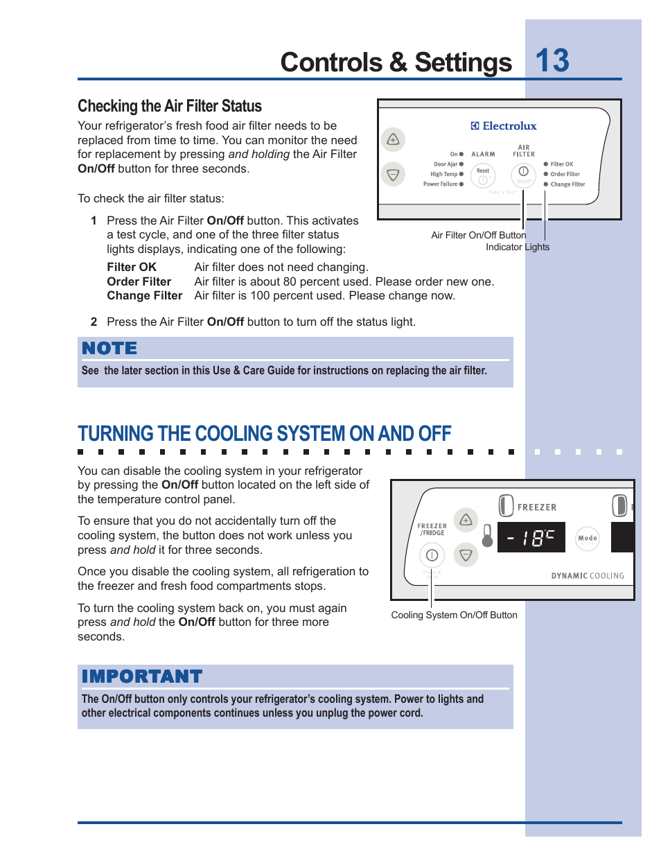 Controls & settings, Turning the cooling system on and off | Electrolux U30024 User Manual | Page 13 / 37