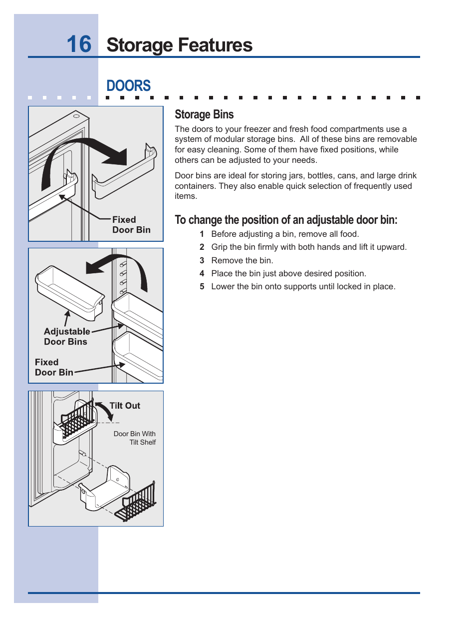 Storage features, Doors | Electrolux U30024 User Manual | Page 16 / 37