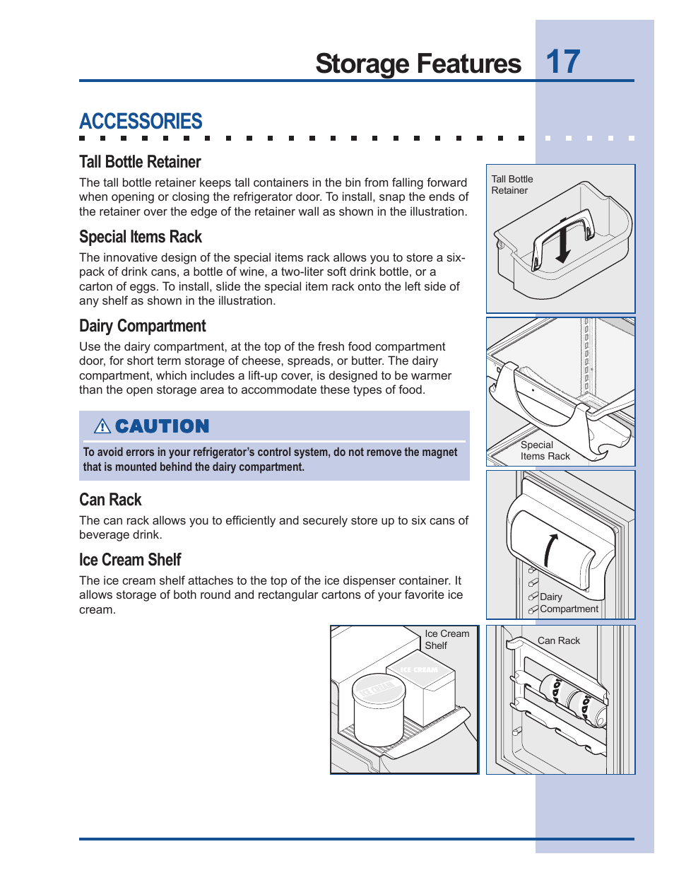 Storage features, Accessories | Electrolux U30024 User Manual | Page 17 / 37