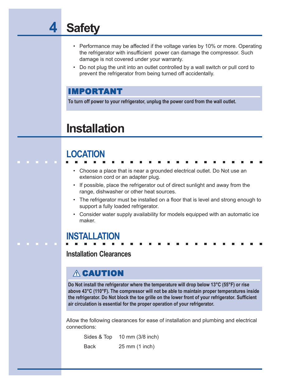 Safety, Installation, Location | Electrolux U30024 User Manual | Page 4 / 37
