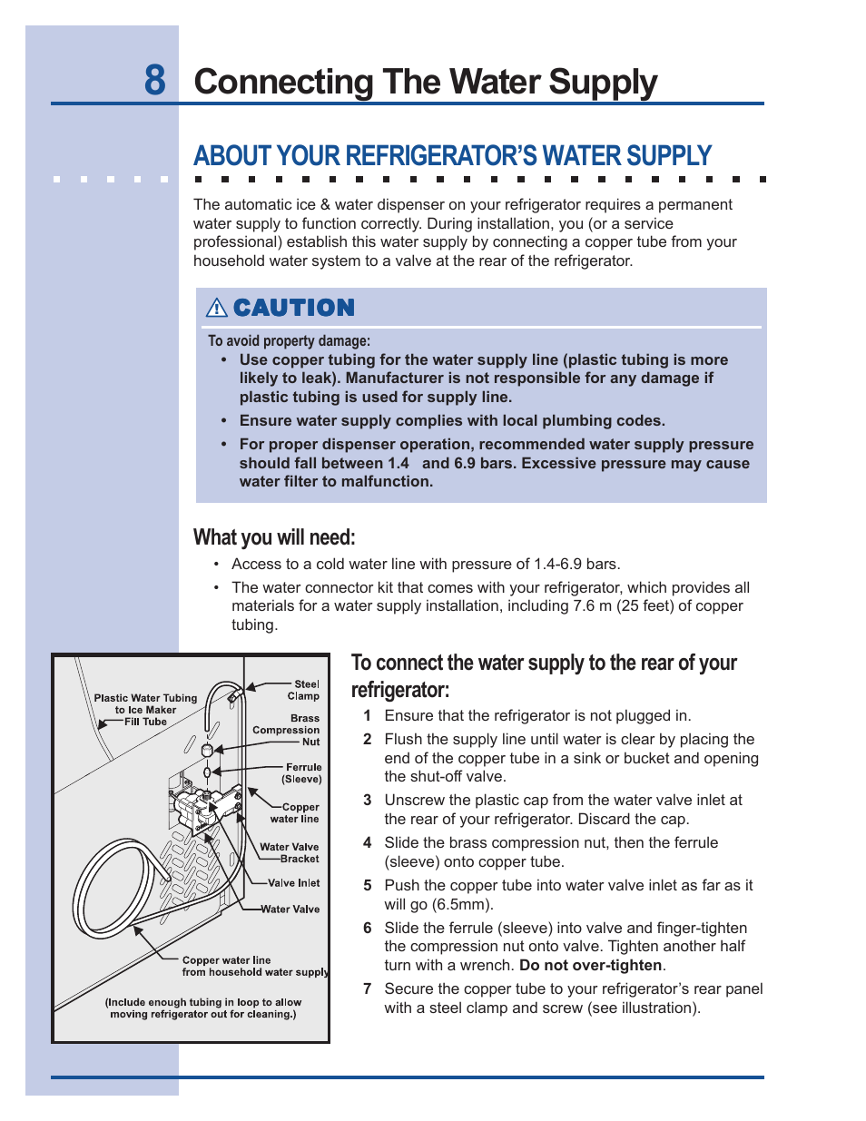 Connecting the water supply, About your refrigerator’s water supply | Electrolux U30024 User Manual | Page 8 / 37