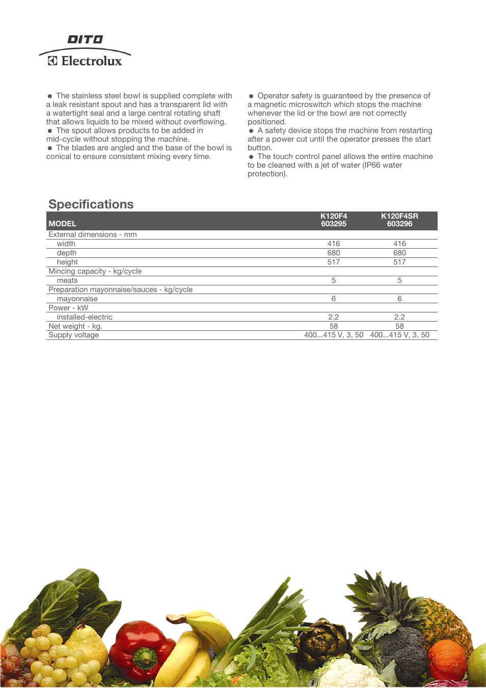 Specifications | Electrolux K120F4 User Manual | Page 2 / 4
