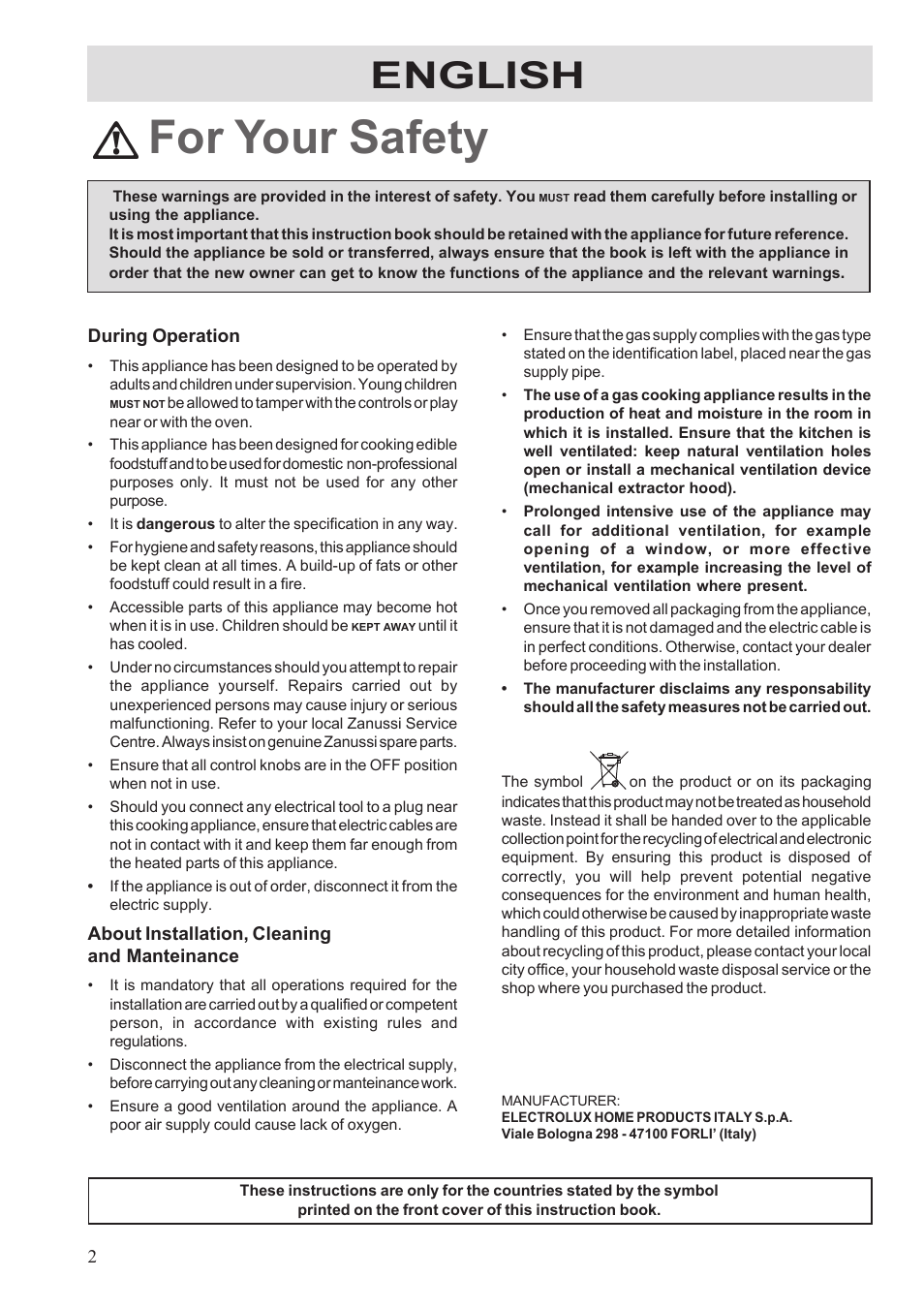 For your safety, English | Electrolux EHGT326X User Manual | Page 2 / 12